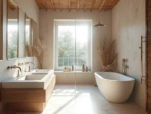 Modern renoviertes Komplettbad mit Dusche, Waschtisch und hochwertigen Materialien.